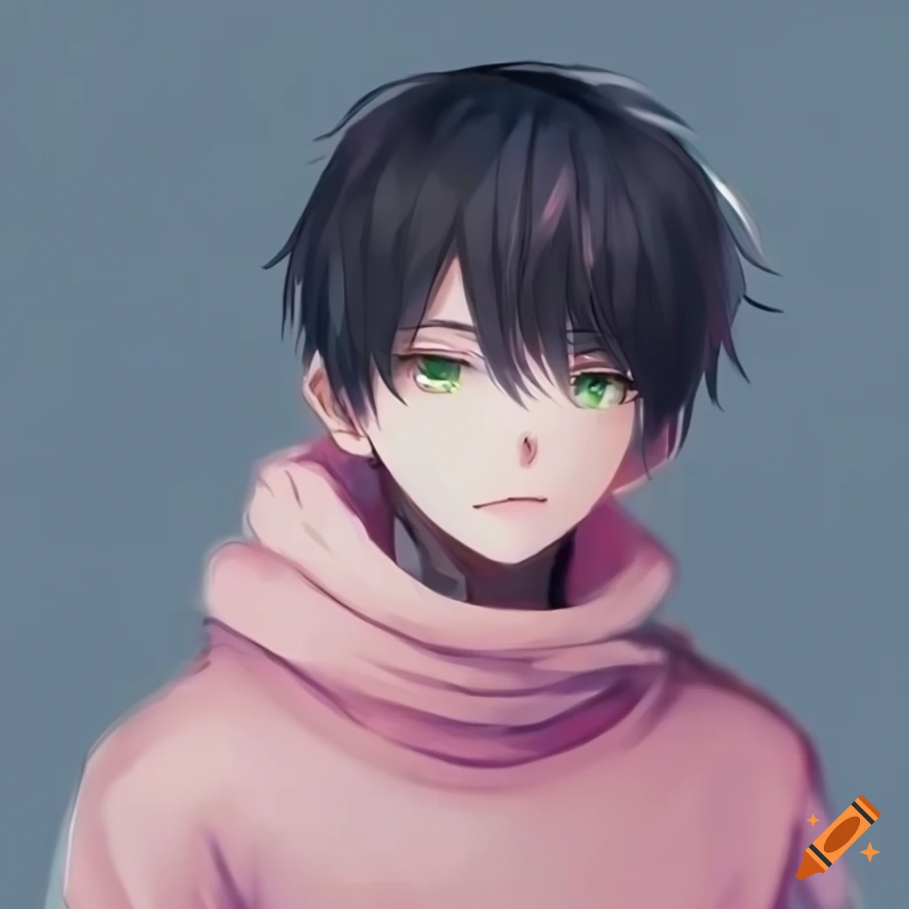 anime boy with black hair and pink sweater