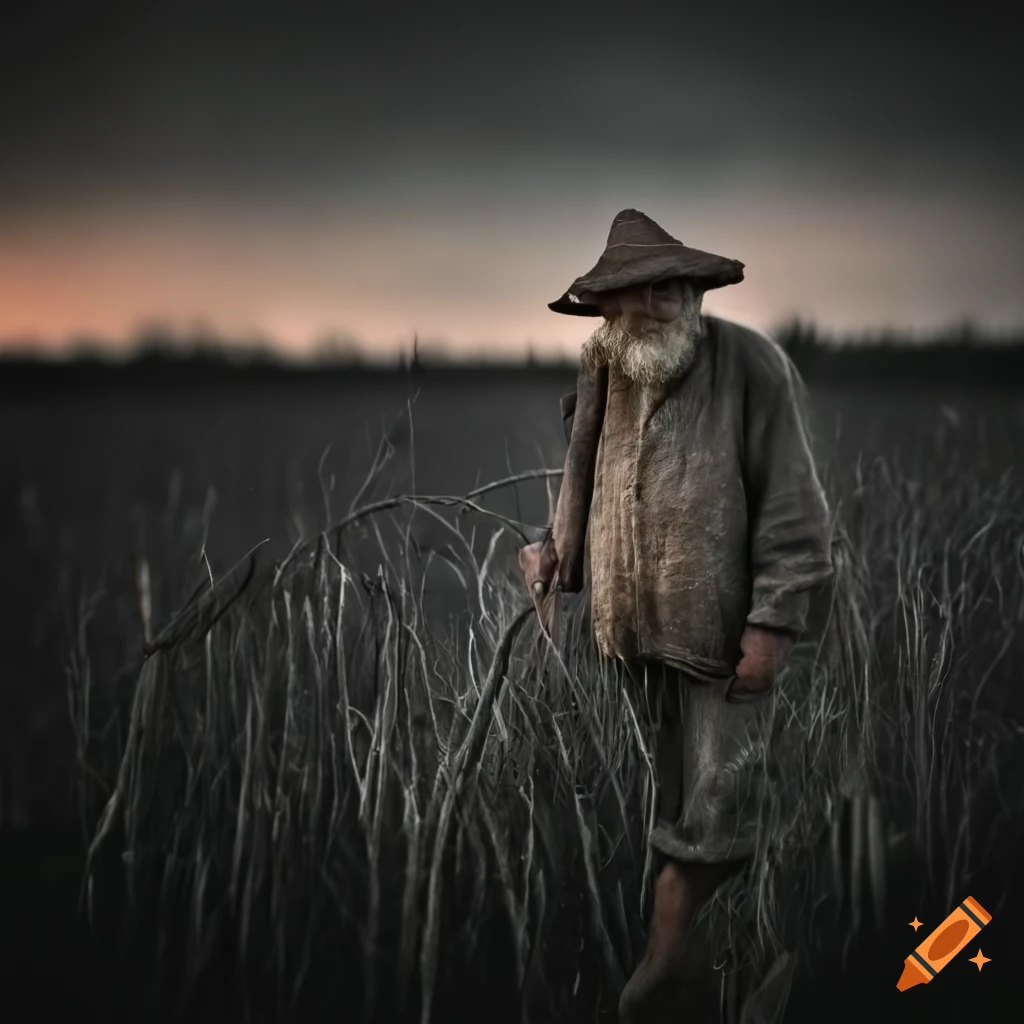 an elderly farmer in the field at dusk