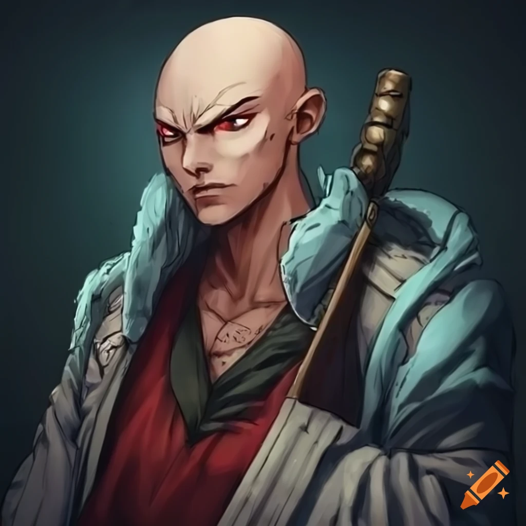 art of a bald fantasy character
