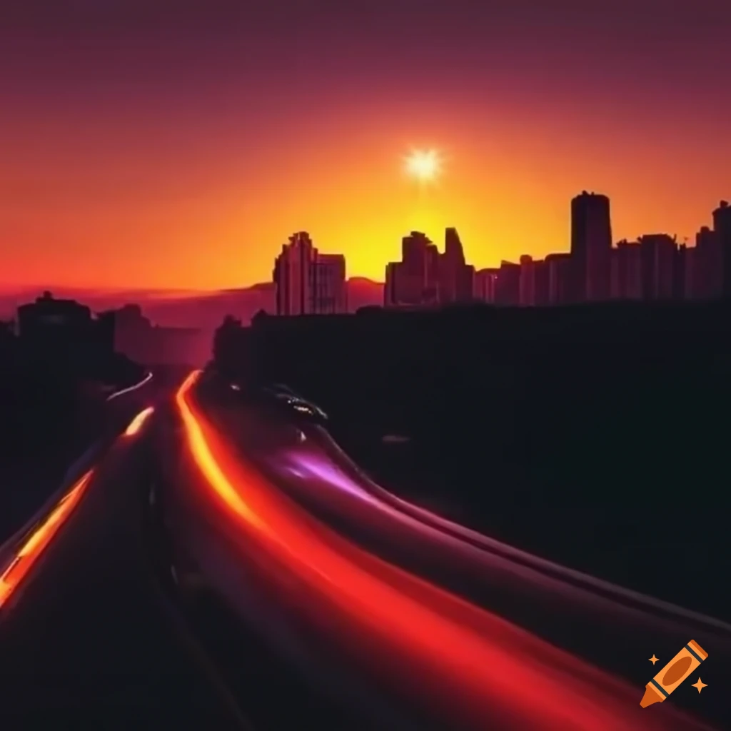 sunset view of a cybercity with supercars drifting