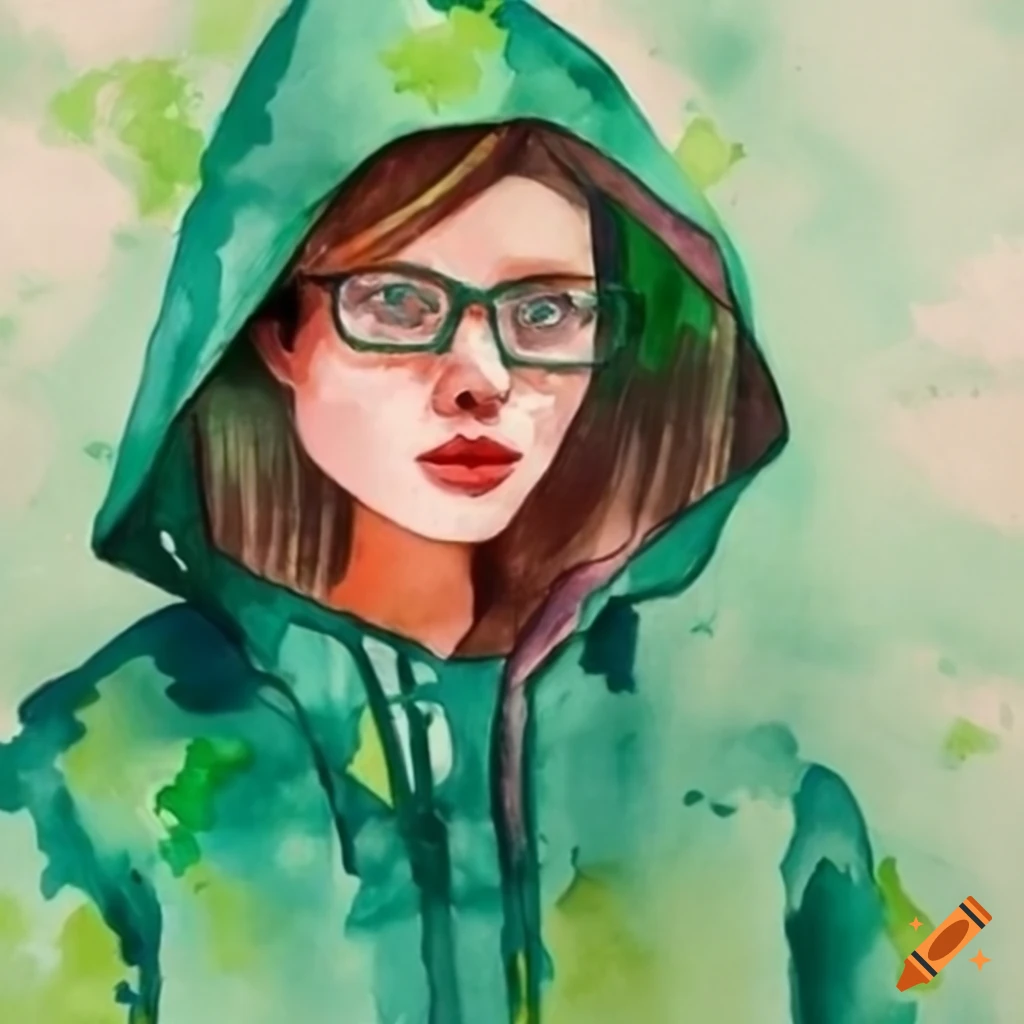 Painting of a woman in green raincoat under a streetlight on Craiyon