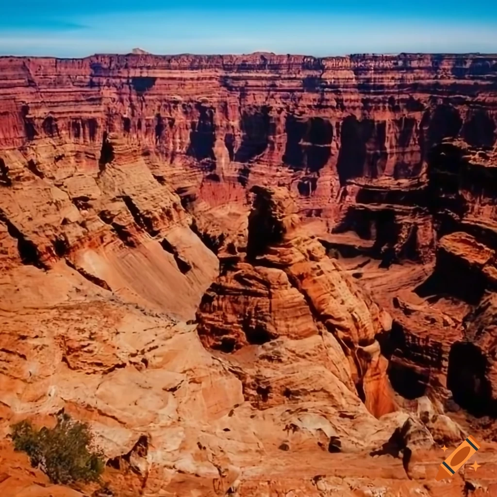 wide angle view of a dusty canyon under a blue sky