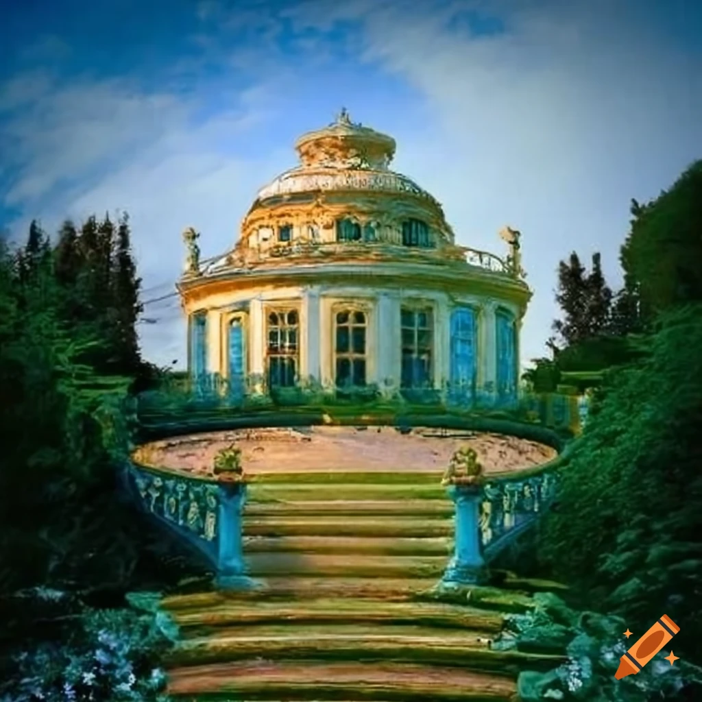 monet's viktorian garden with curved stairs and palace dome