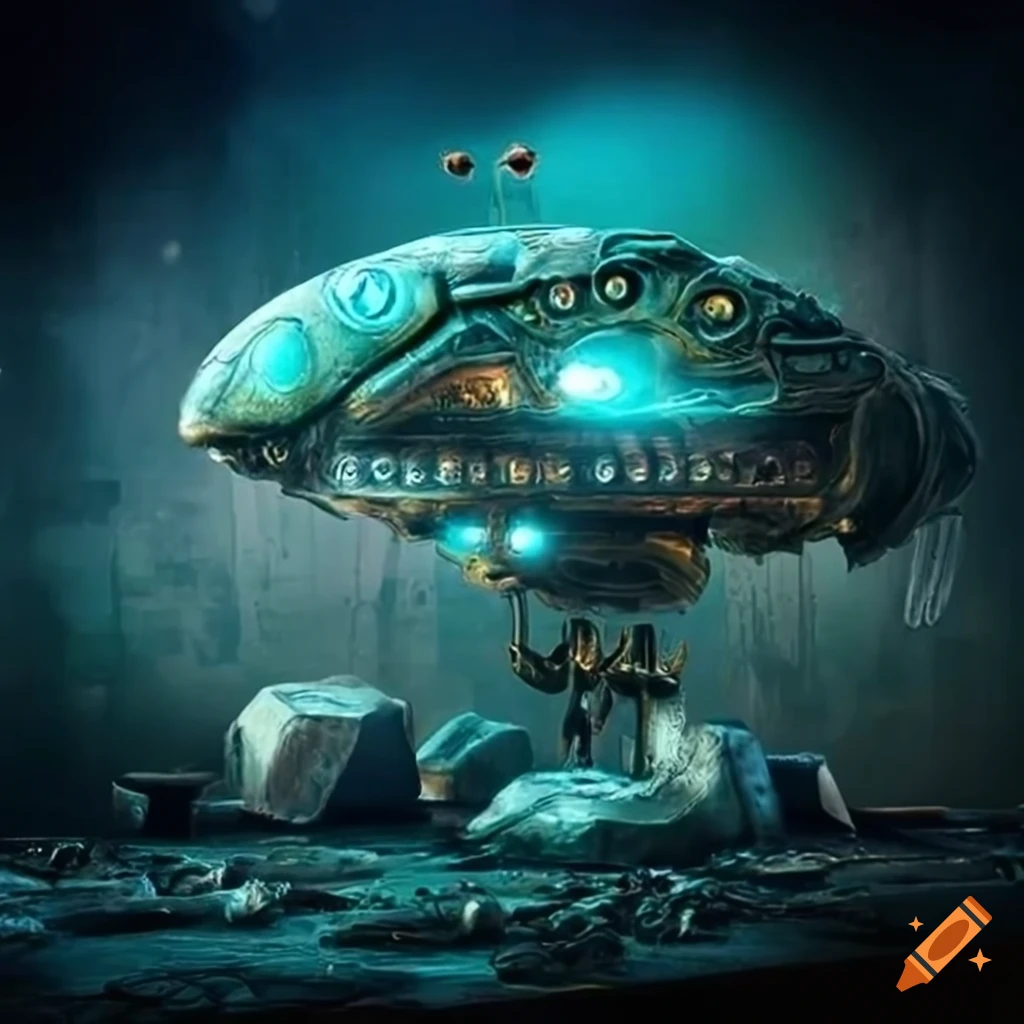 Surreal artwork of alien machines and spaceship on Craiyon
