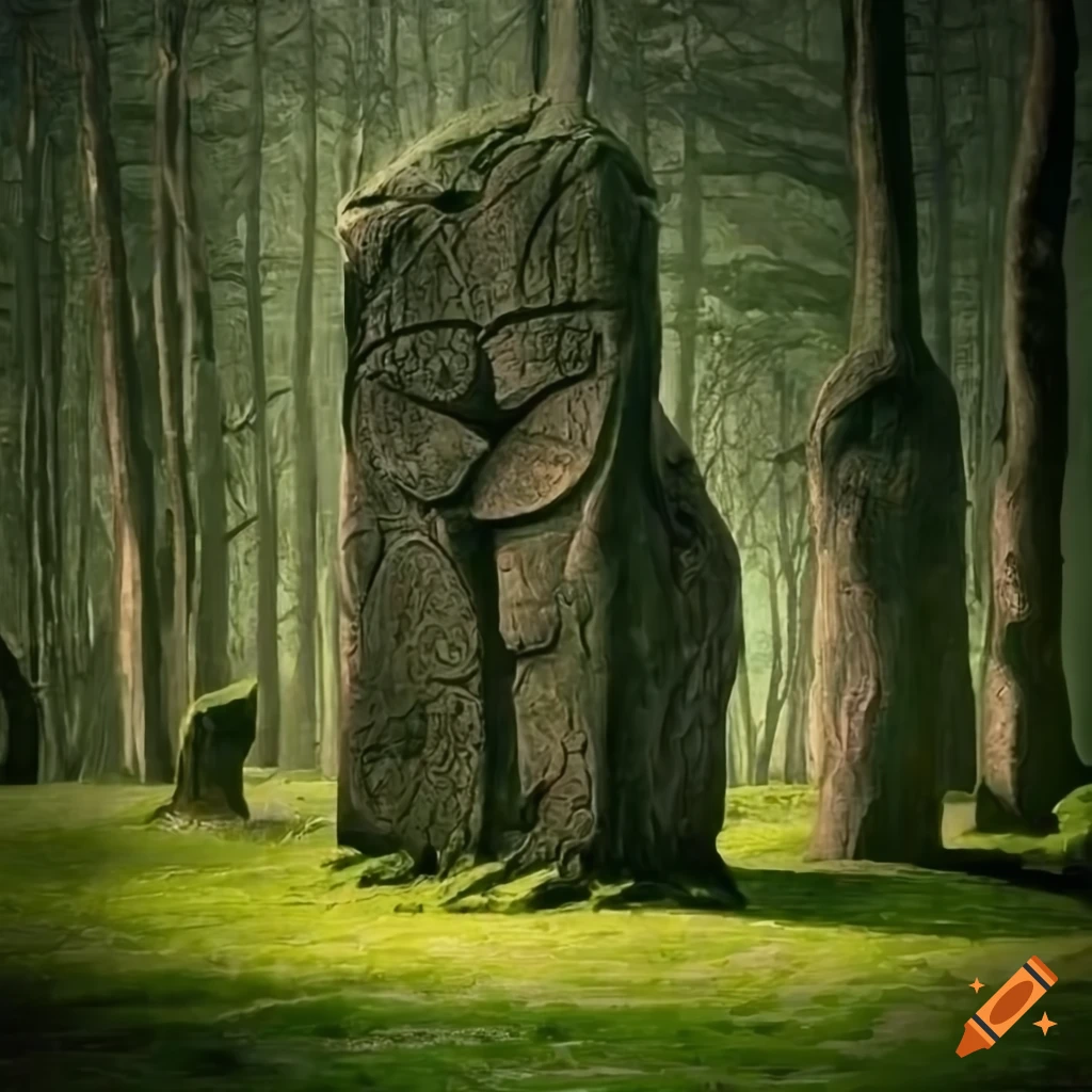 Baroque artwork of upright stones in a mysterious forest on Craiyon