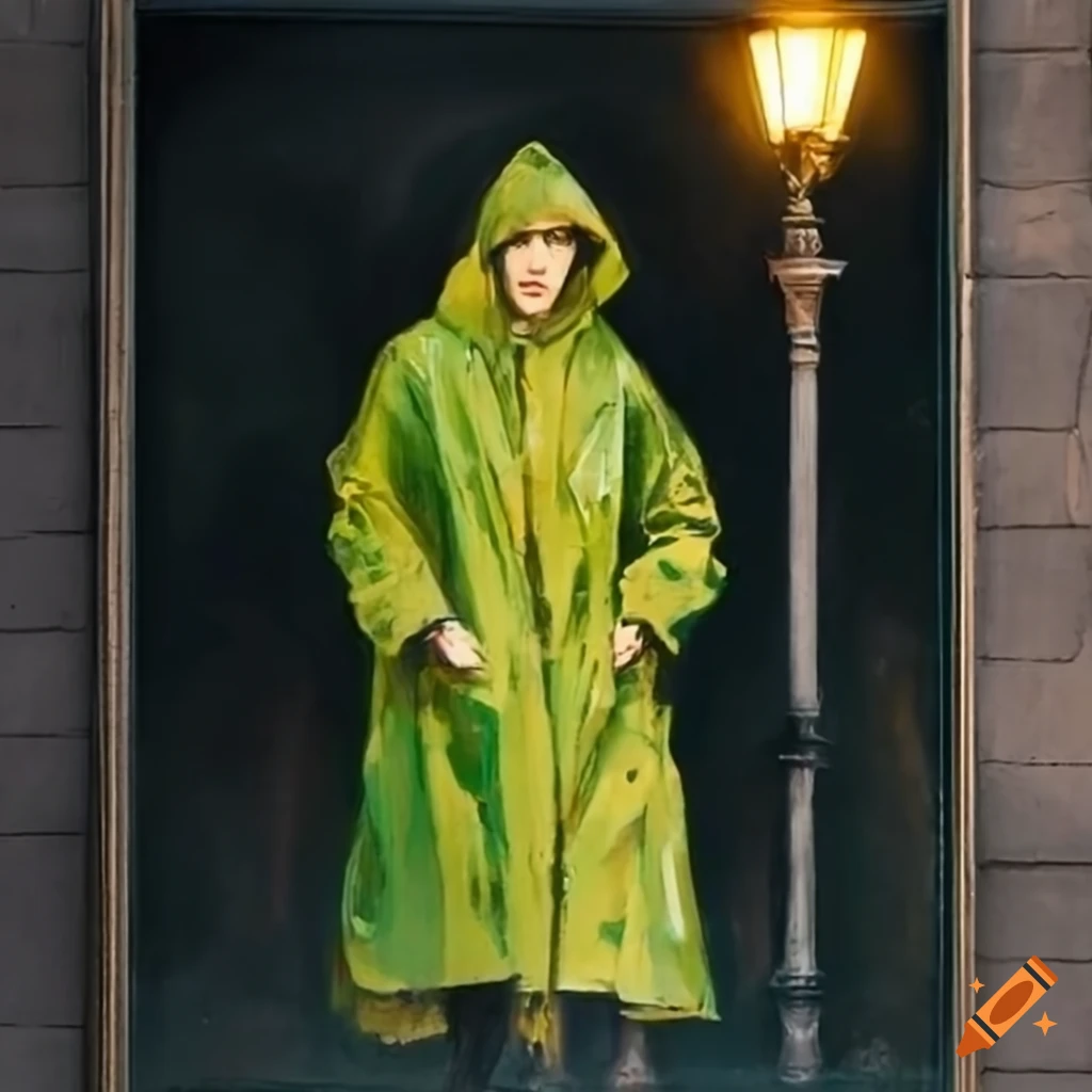 Painting of a woman in green raincoat under a streetlight on Craiyon