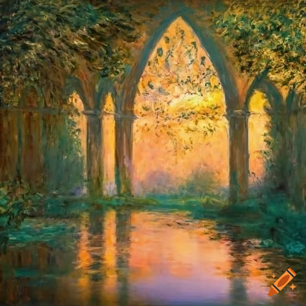 Painting of a victorian garden with a gold balcony overlooking a pond ...