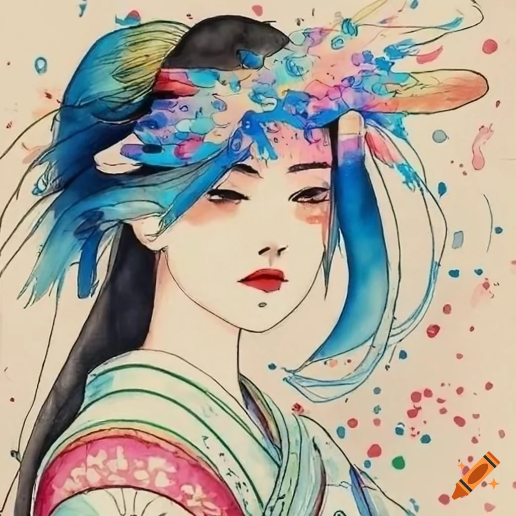 colorful manga sketch of a Japanese woman in white