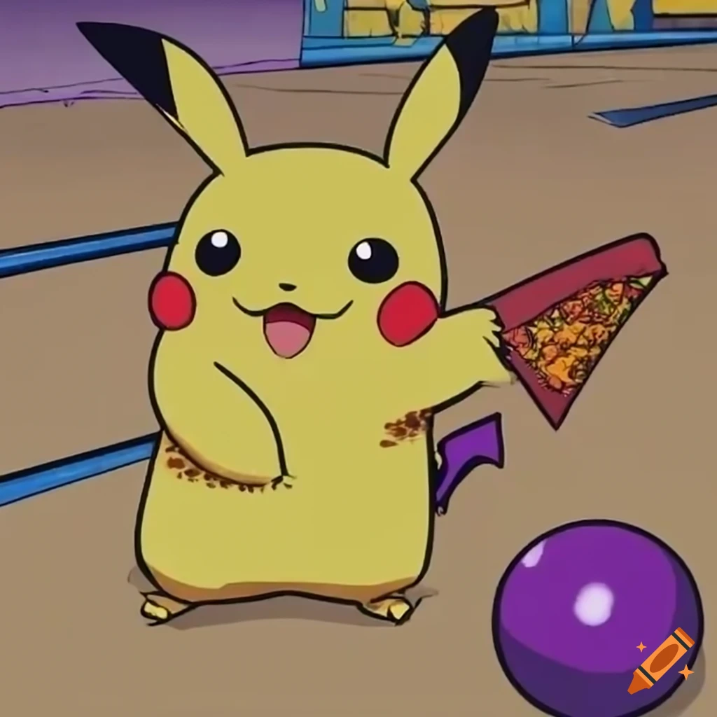 Pikachu eating pizza at a bowling alley