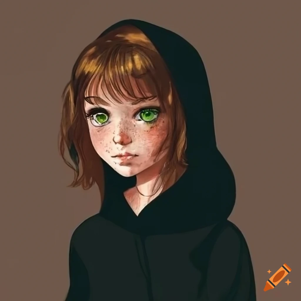 Girl with freckles wearing a black hoodie on Craiyon