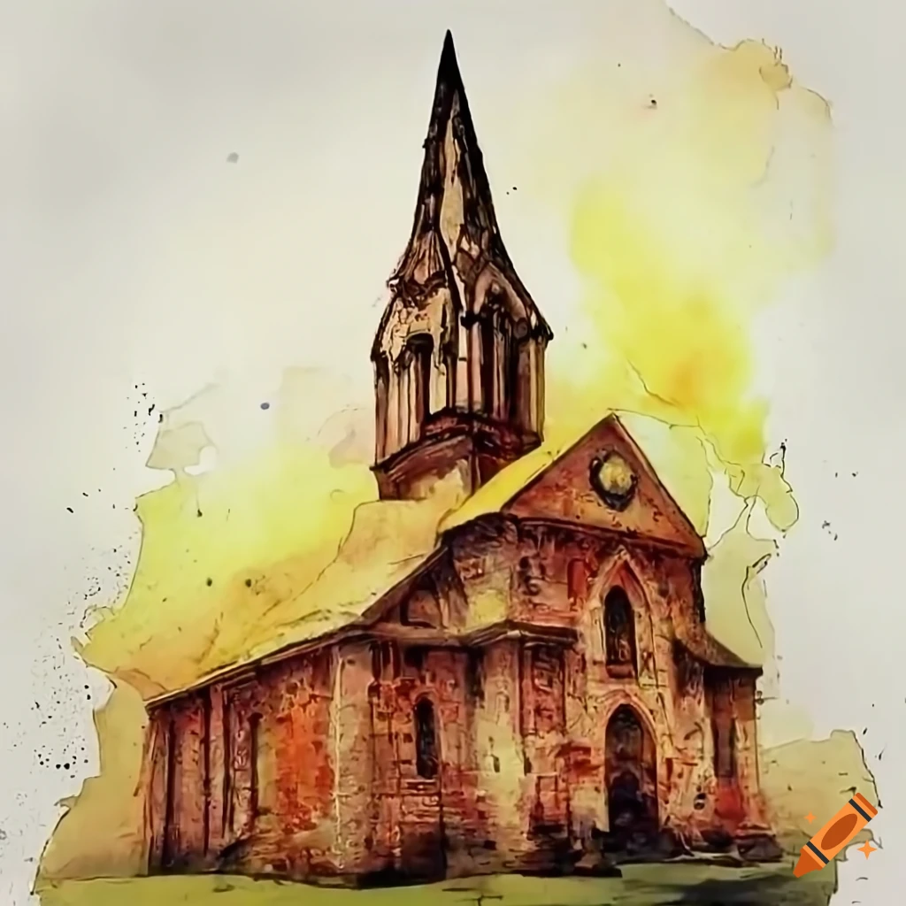 ink drawing of a church in Zdzislaw Beksinski style
