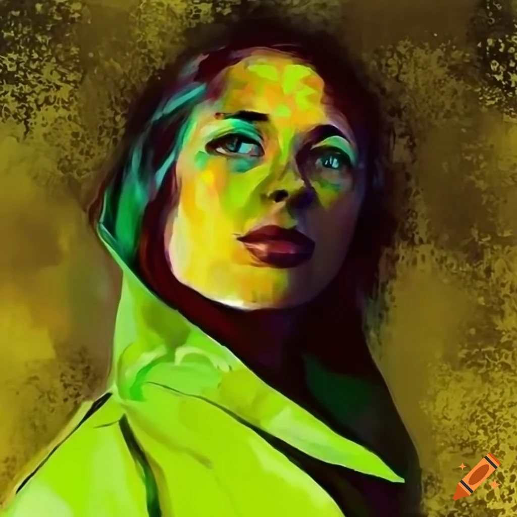 painting of a woman in green raincoat under a streetlight