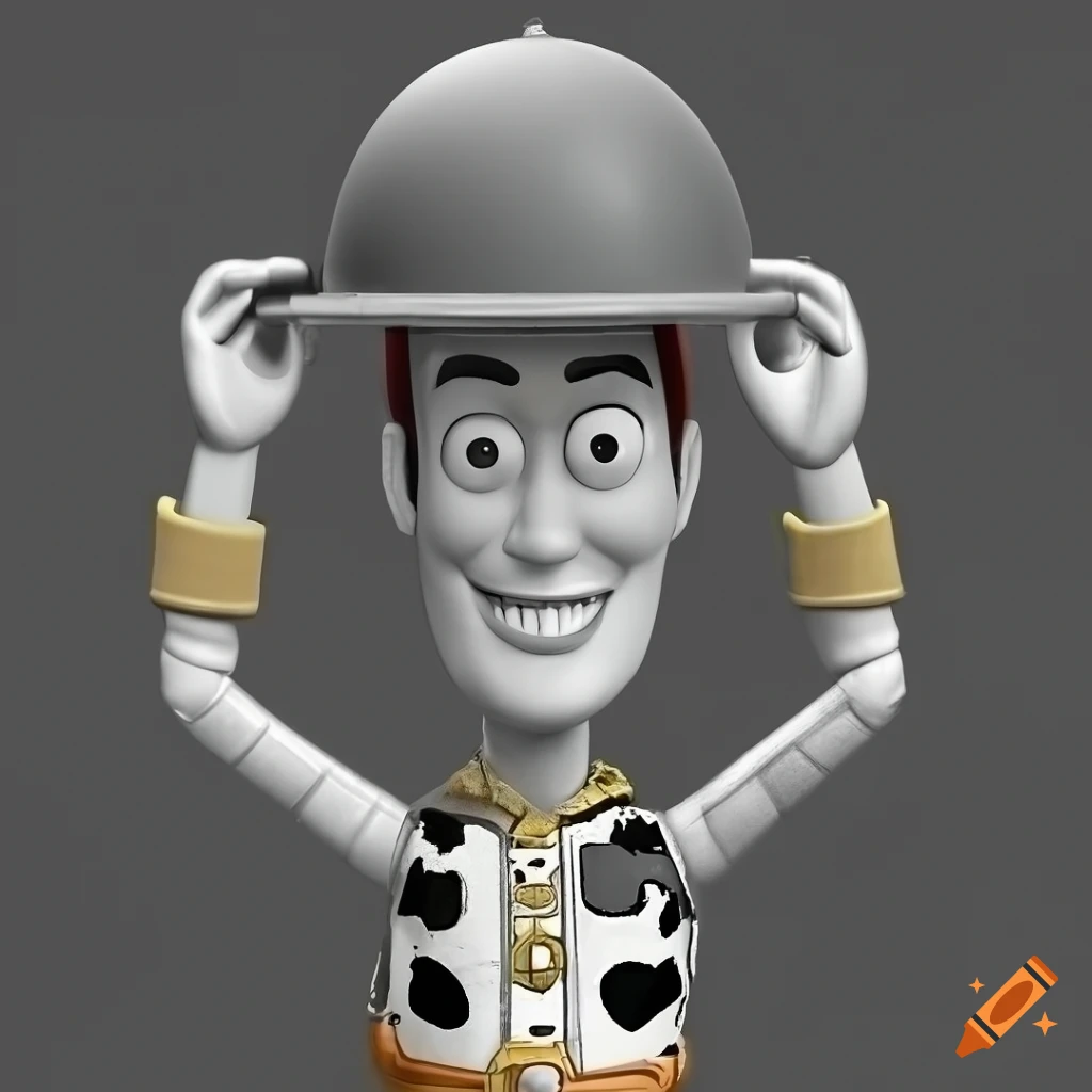Black and white image of woody from toy story saluting