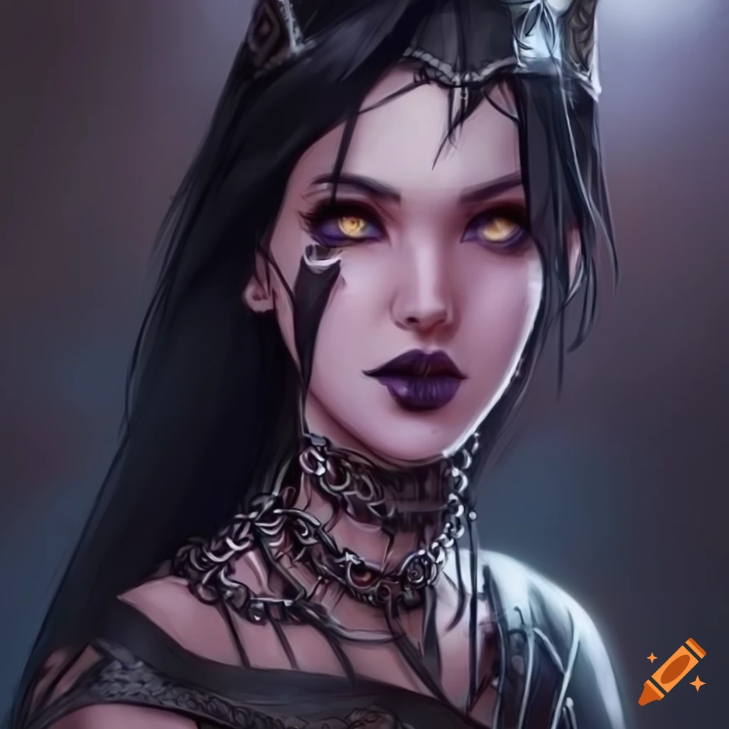 Artistic portrayal of a sorceress with black hair and purple eyes