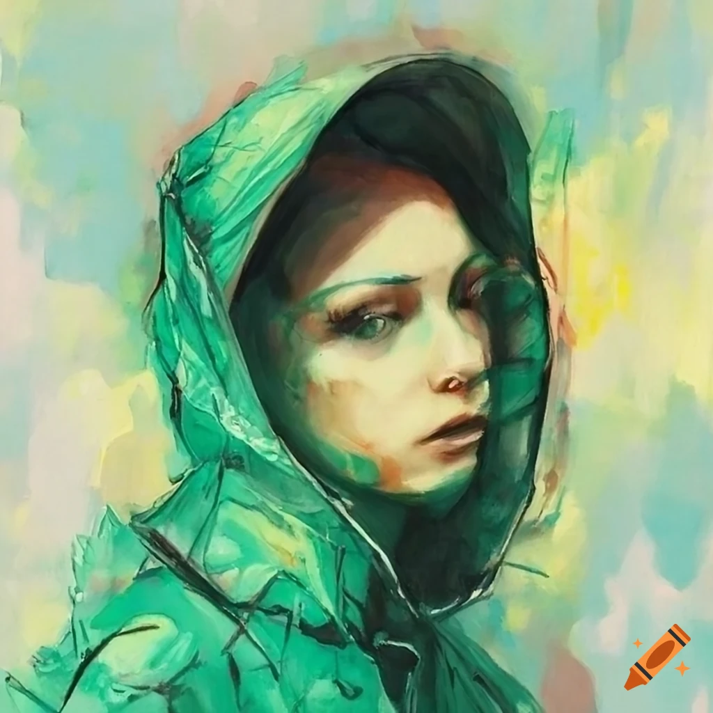 Painting of a woman in green raincoat under a streetlight