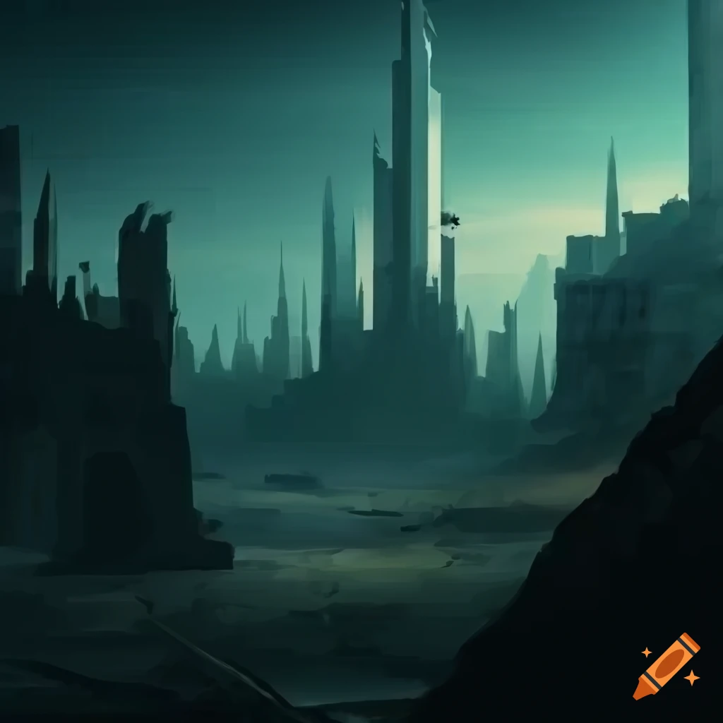 Dystopian necropolis cityscape