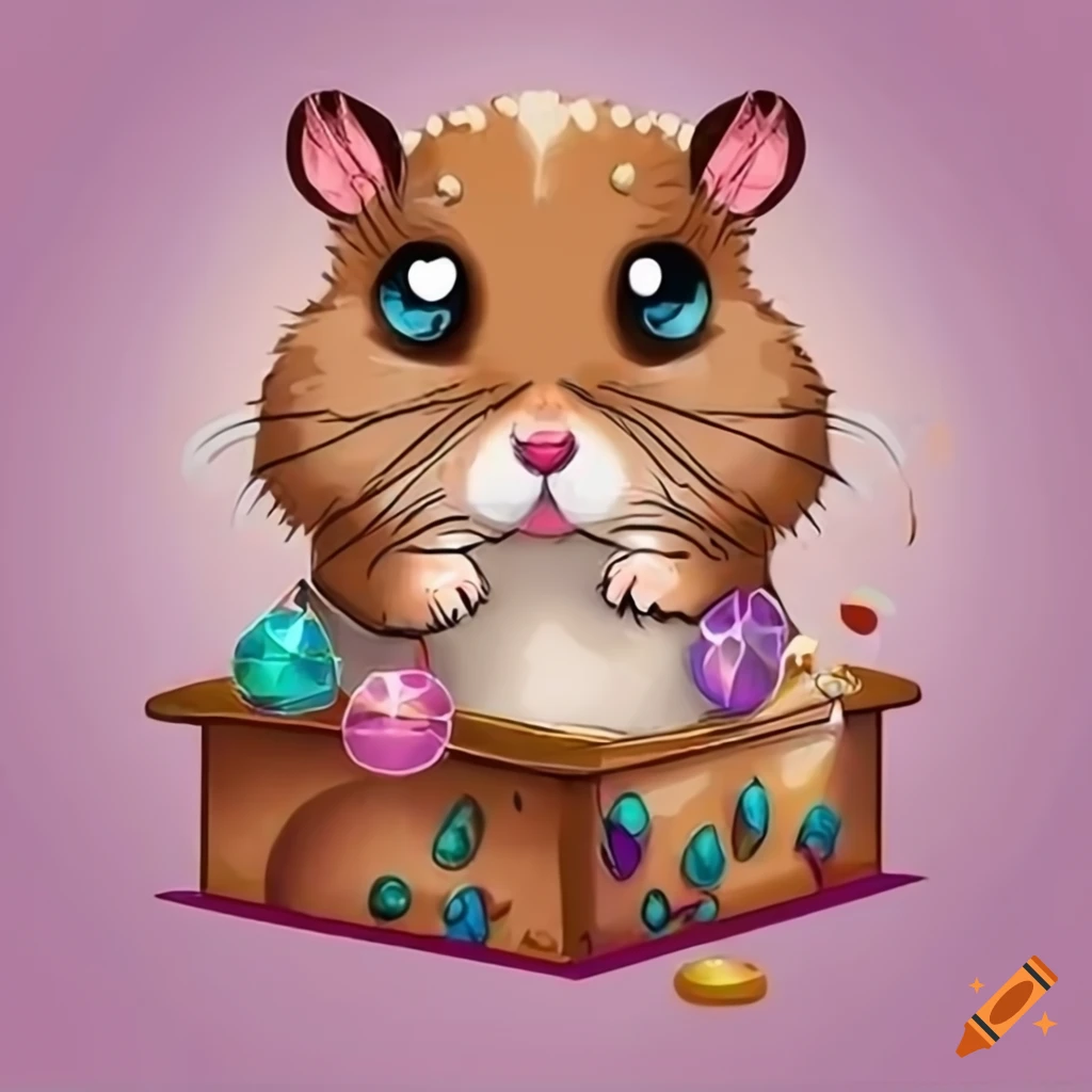 artistic drawing of a happy hamster with treasures