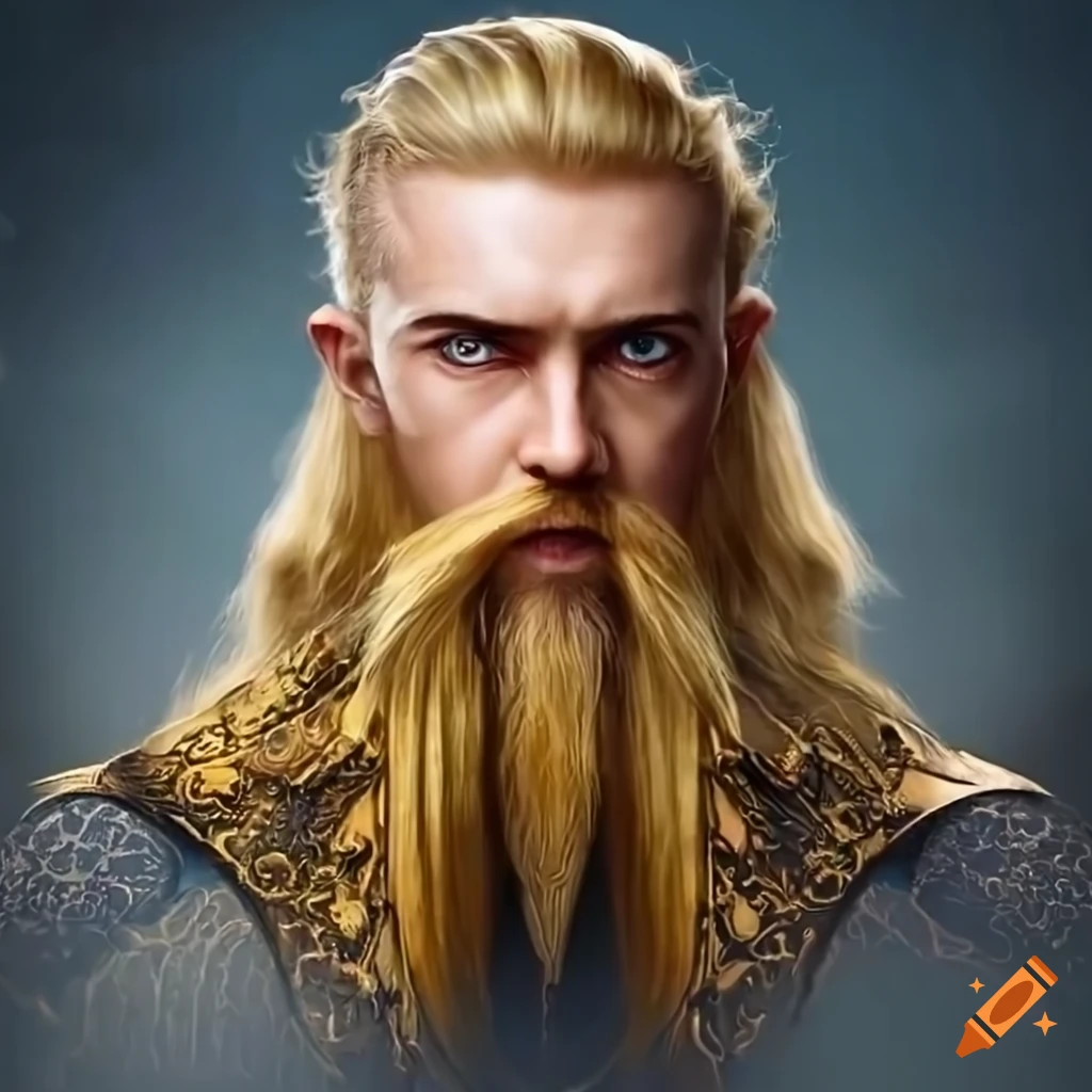 impressive man in dragon armor with long blonde hair and beard