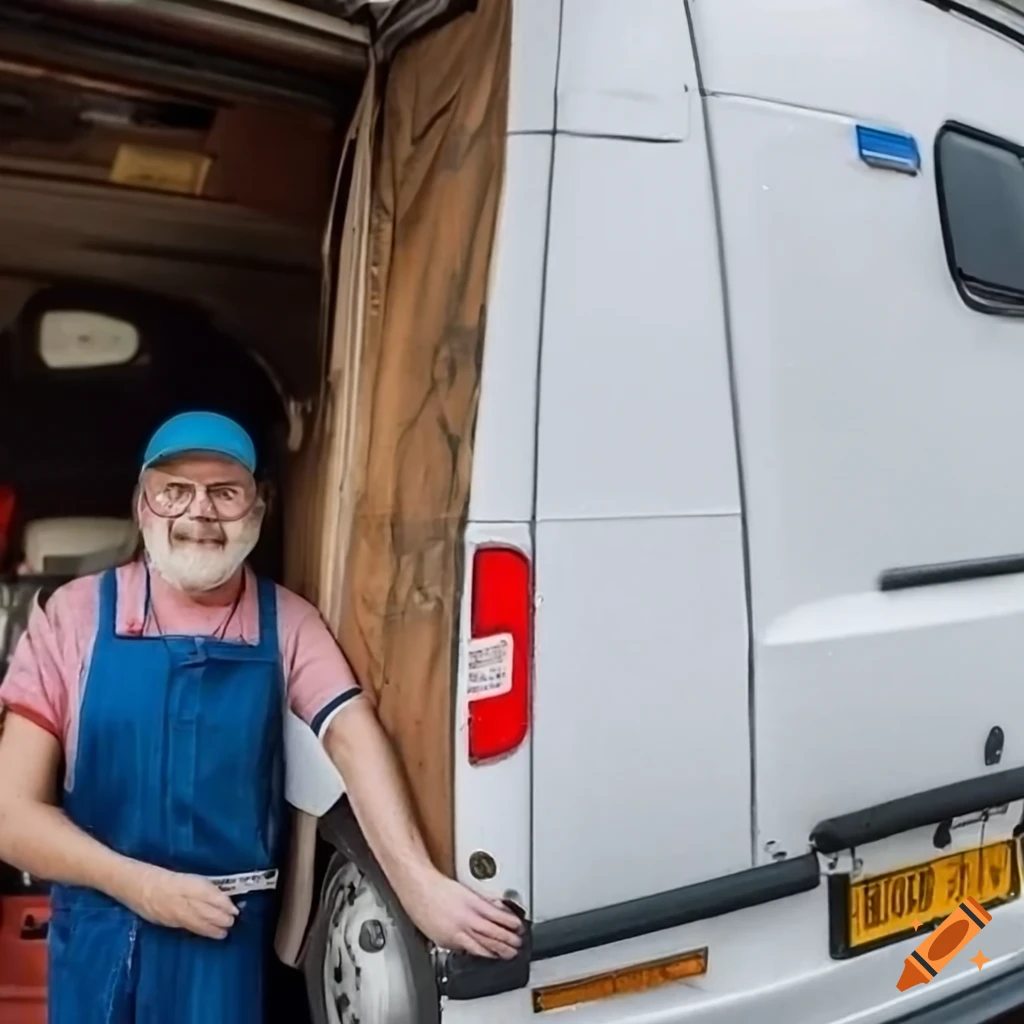 service technician with crossed arms next to van