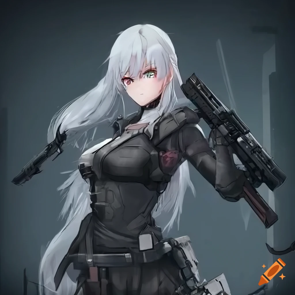 anime woman with long white hair holding a futuristic rifle in a ruined city