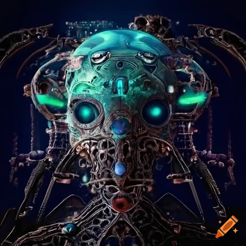 surrealist artwork of aliens and machines in front of a computer