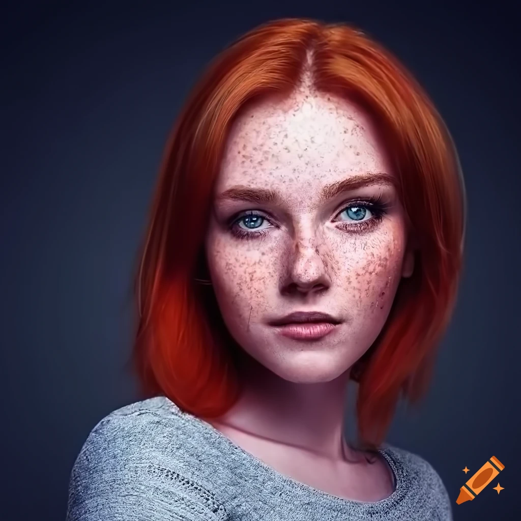 Close-up portrait of a beautiful woman with red hair and freckles on ...