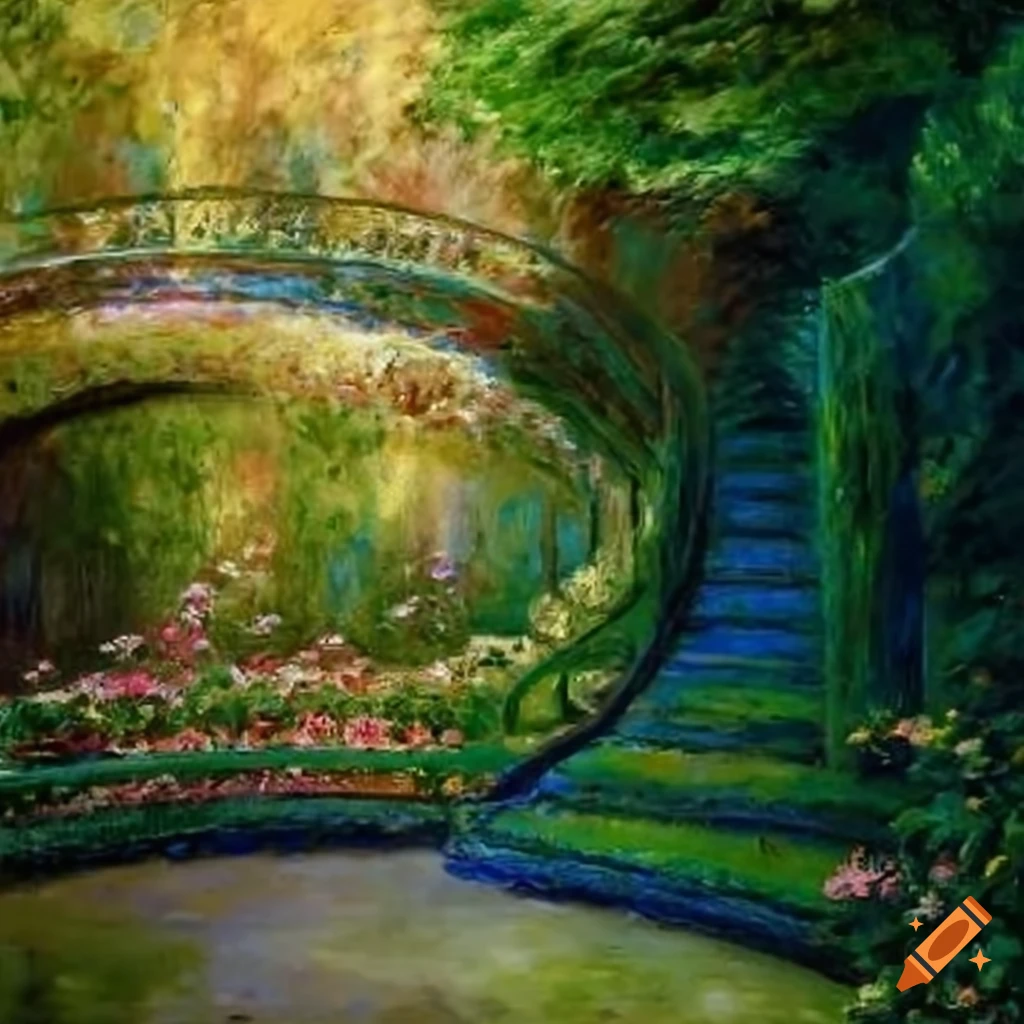 Painting of a victorian garden with curved stairs on Craiyon