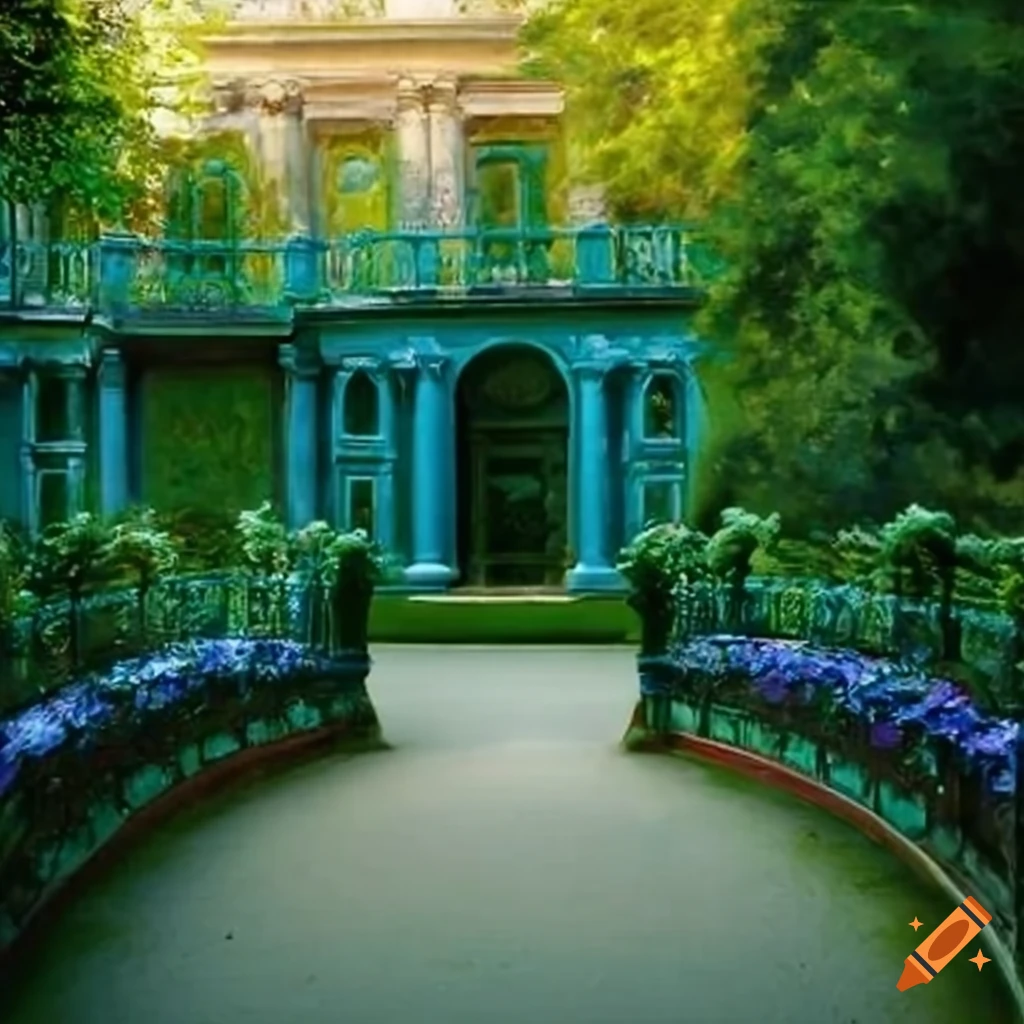 Victorian garden with curved stairs and palace on Craiyon