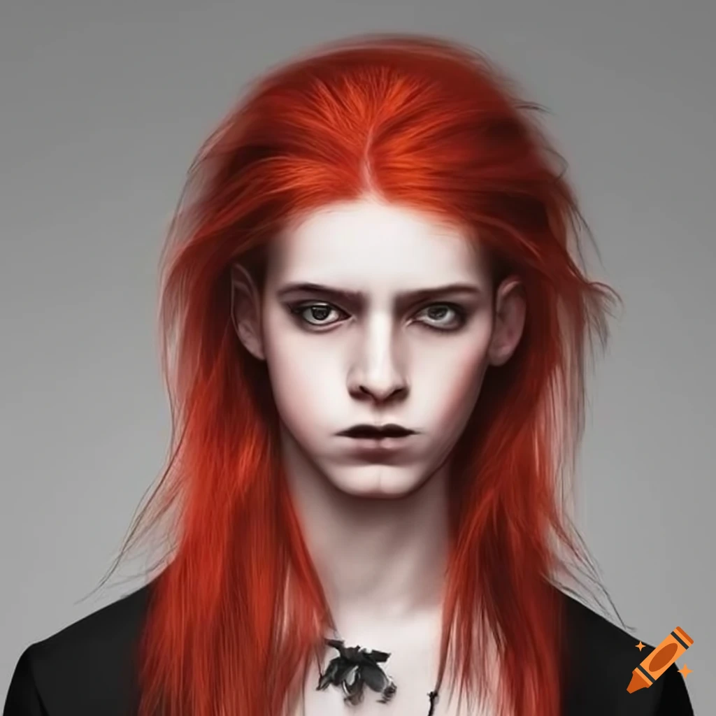 portrait of an androgynous boy with long red hair