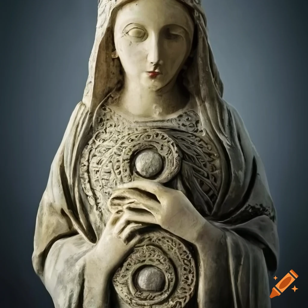Stone sculpture of the virgin mary with celtic symbolism on Craiyon