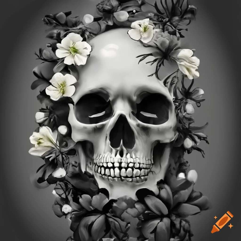 Black and white skull with flowers