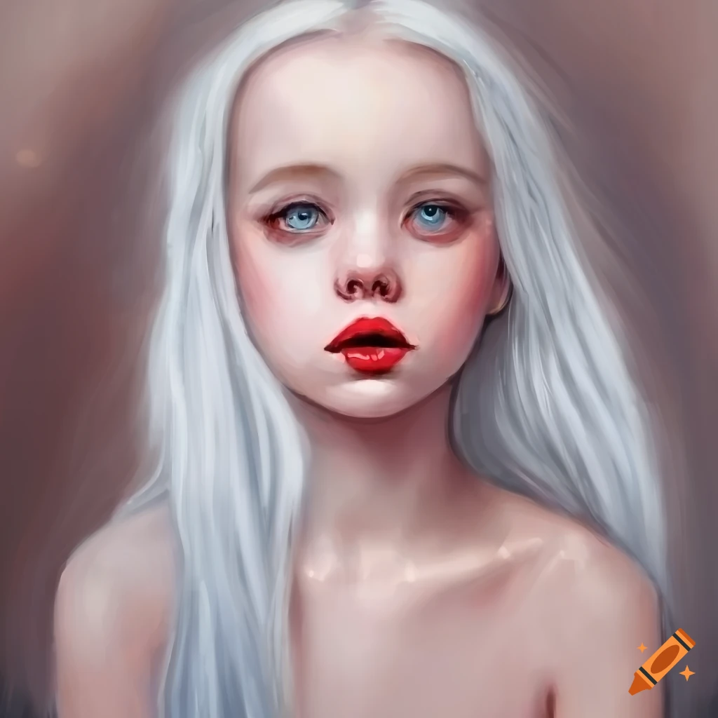 Oil painting of a girl with pale skin and white hair