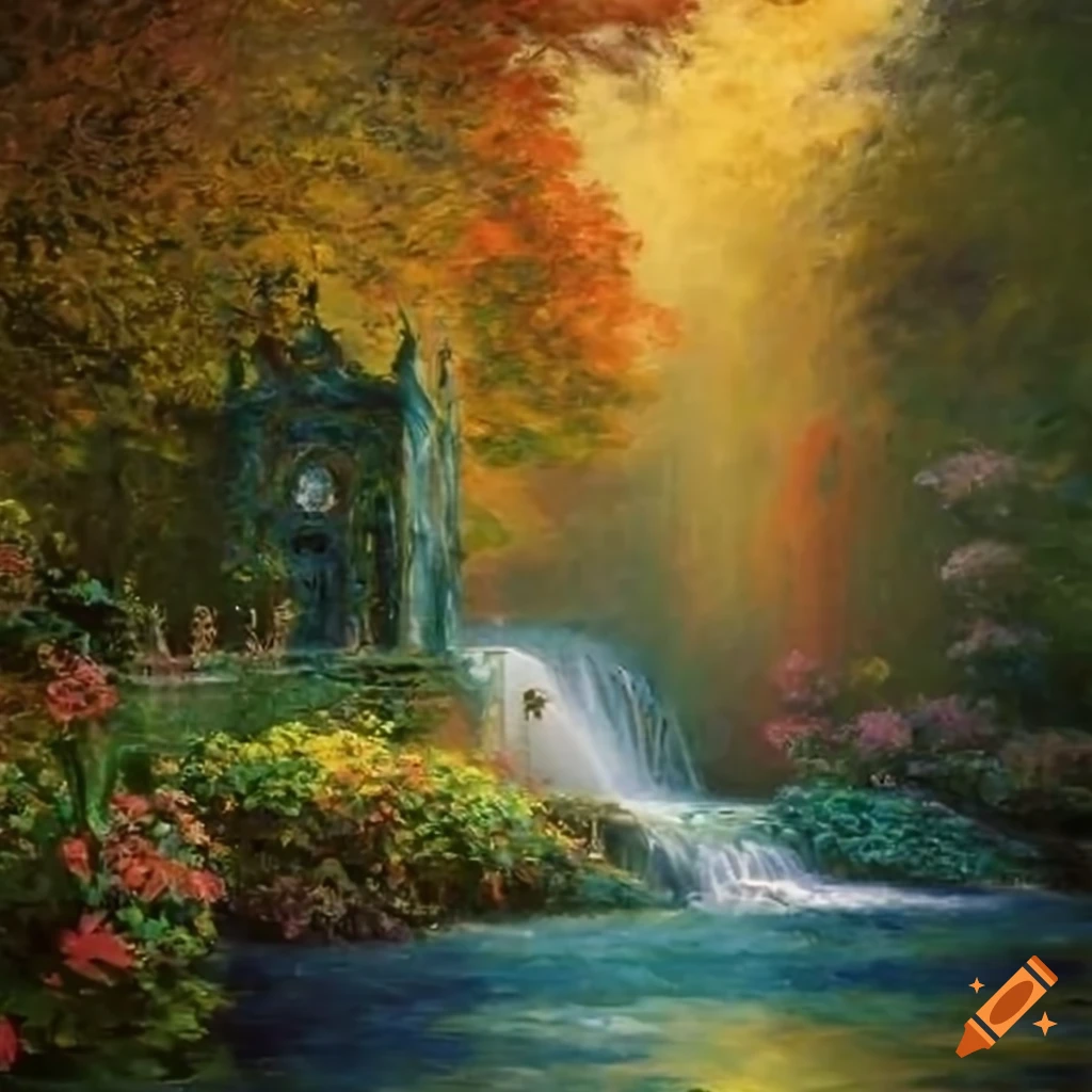 Painting of a garden with curved stairs and a gold balcony on Craiyon
