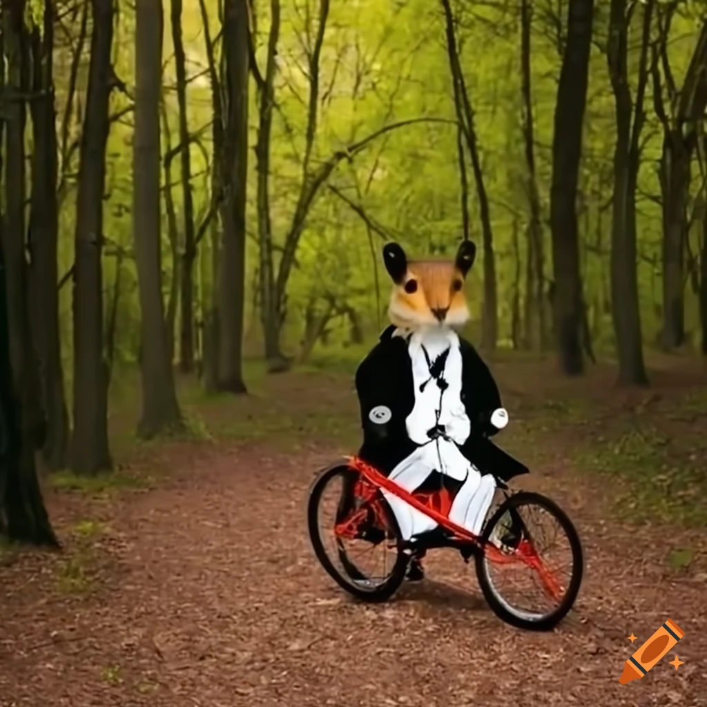 quirky squirrel riding a bicycle in the forest