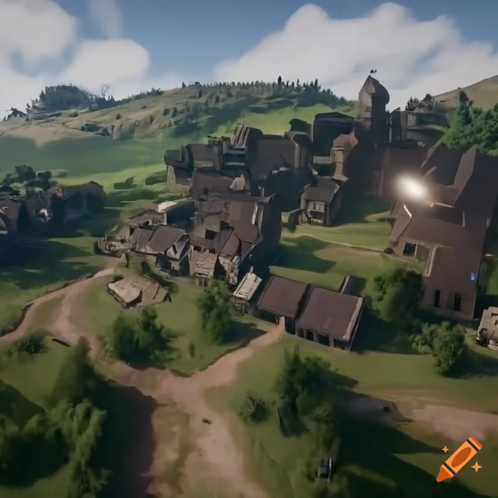 Aerial view of a futuristic sci-fi village in a lowland on Craiyon