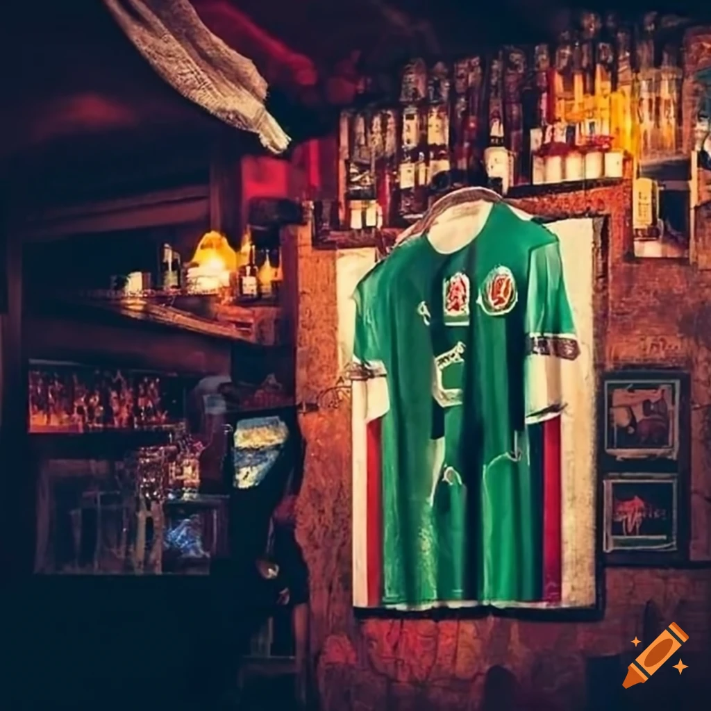 Mexico football shirt, football, scarf, and beer at a pub on Craiyon