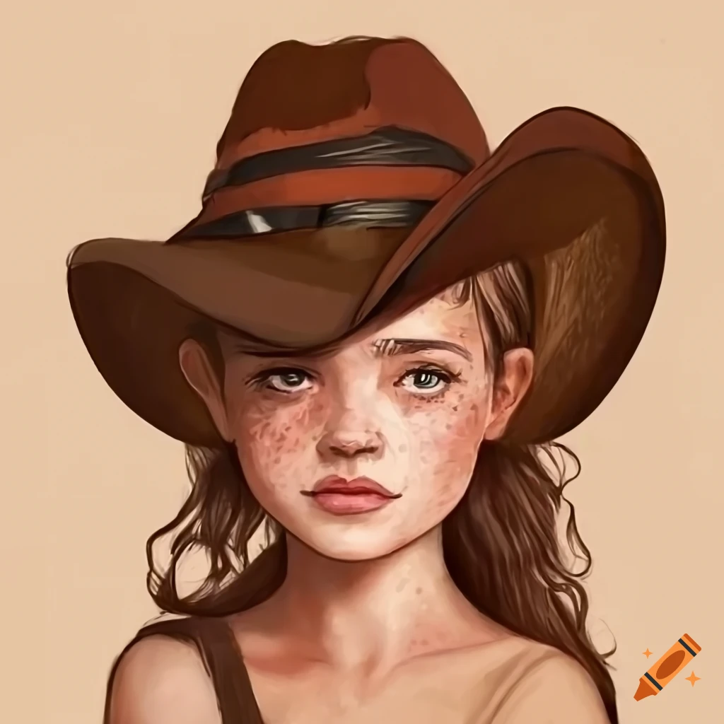 Girl with freckles wearing a cowboy hat on craiyon