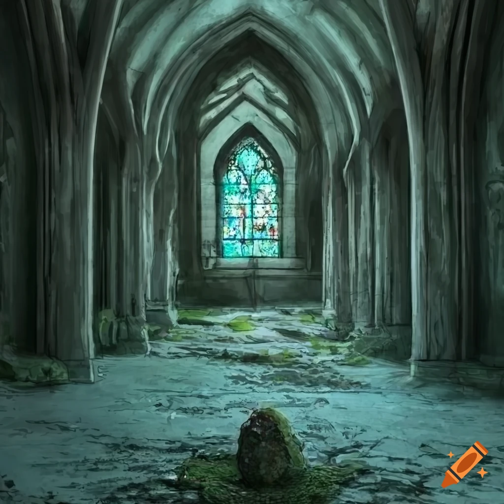 concept art of a dilapidated chapel with moss-covered walls