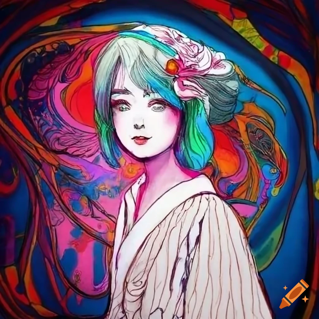 colorful manga sketch of a woman in white attire