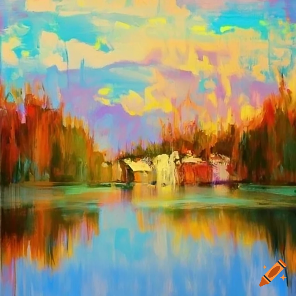 Abstract impressionist painting of a riverside city on Craiyon