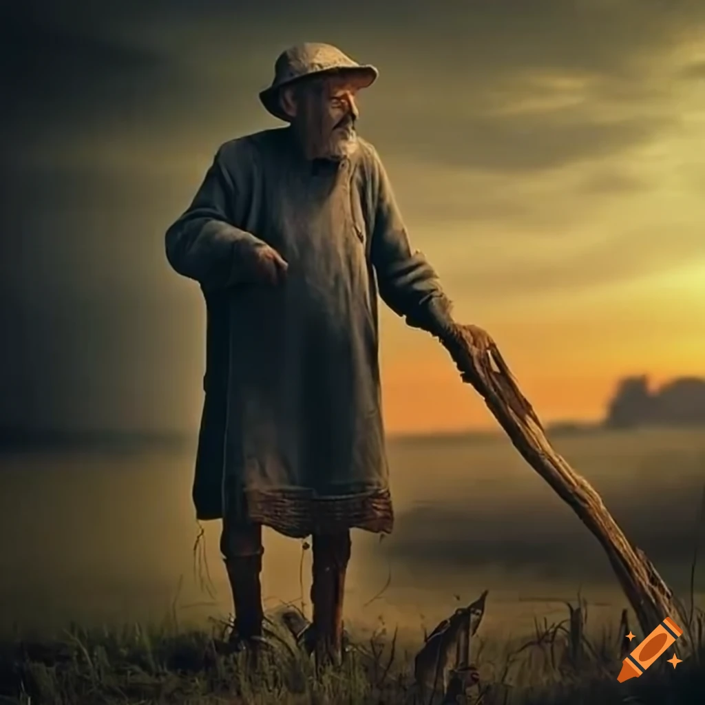 portrait of a weathered farmer at sunset