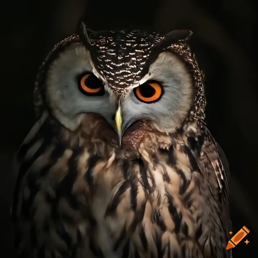 Owl with intense eyes in a dark forest on Craiyon