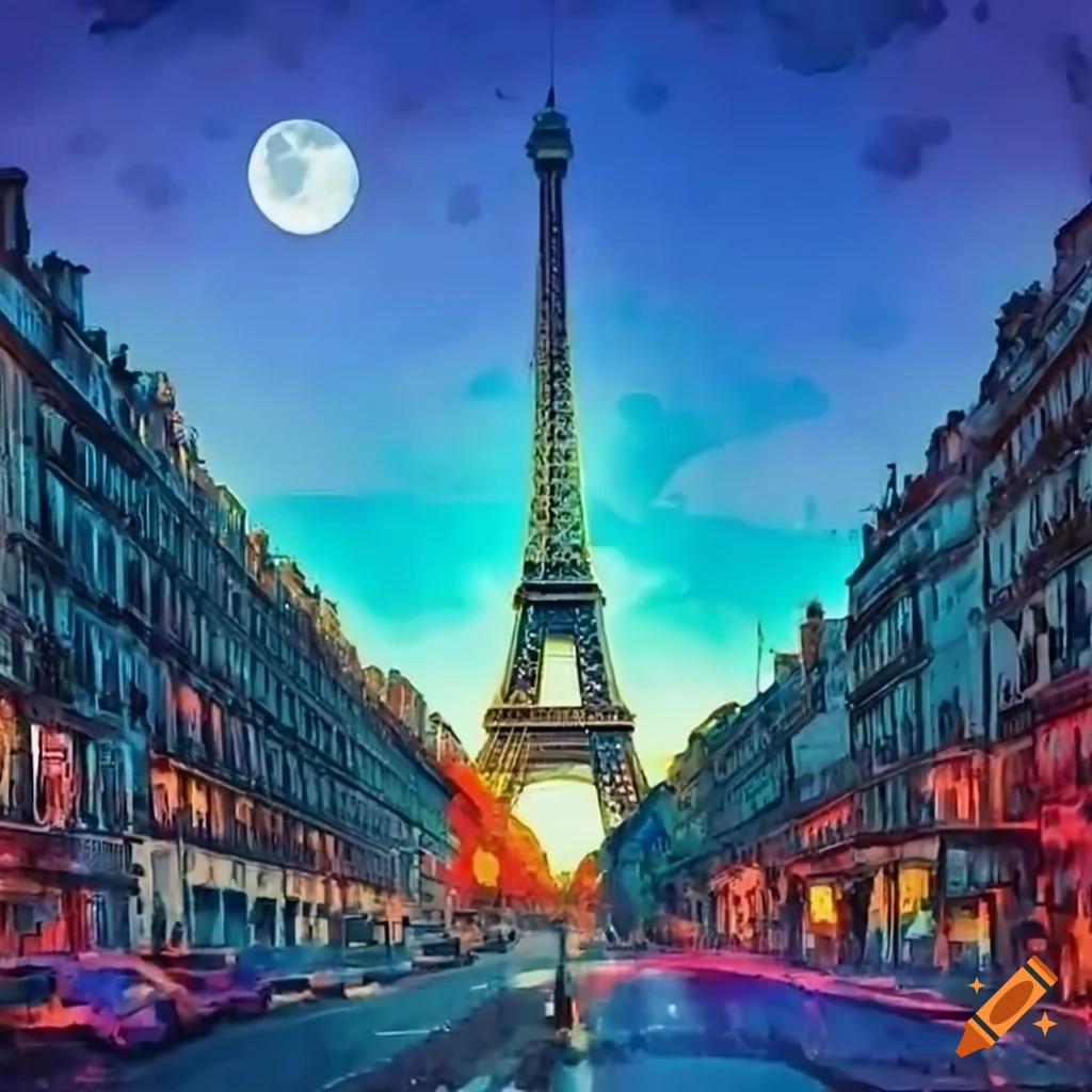 Paris Street With The Eiffel Tower And Moon In The Background