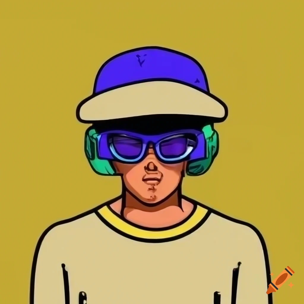 cartoon skater head with cap, glasses, and headphones