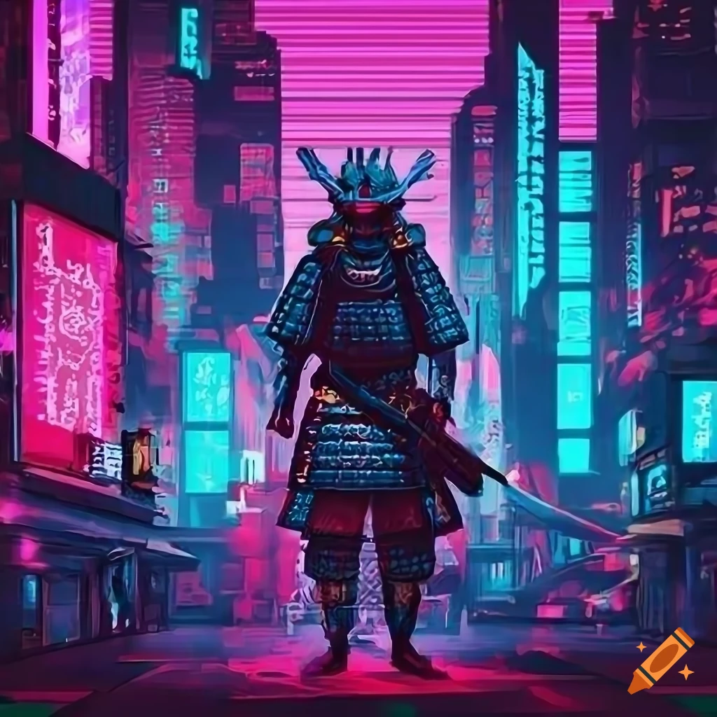 Cyberpunk Digital Art Of A Neon Lit City With A Samurai Figure On Craiyon