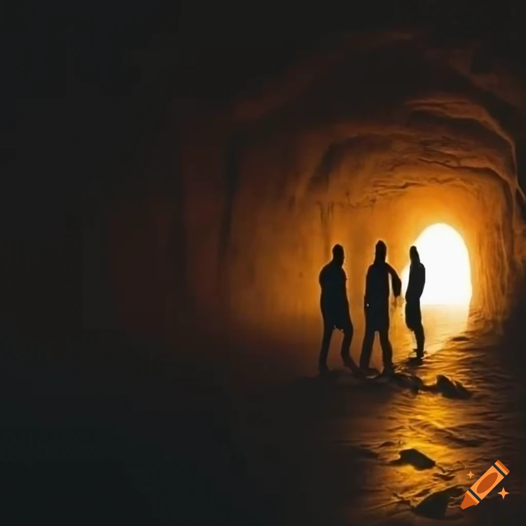 silhouettes of men in a dark cave