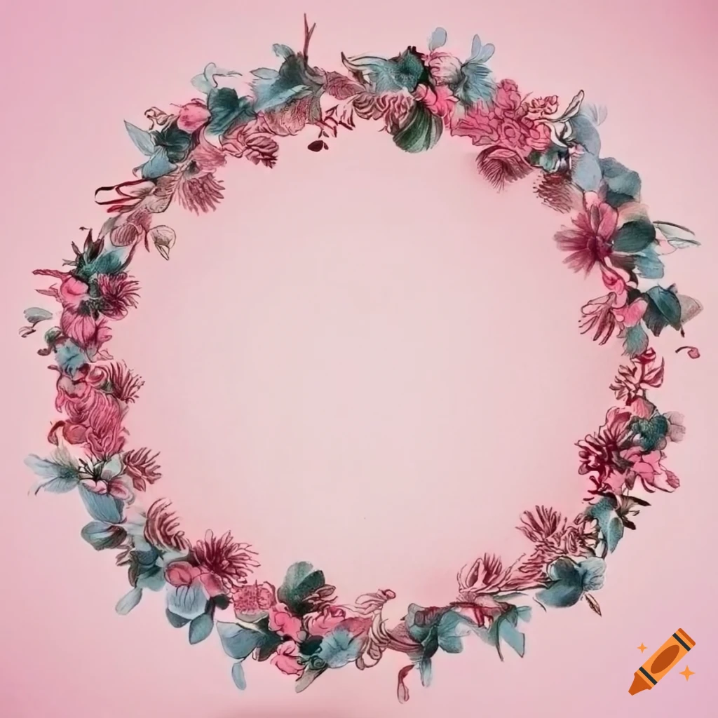 Detailed Line Art Of Pink And Blue Flower Wreath