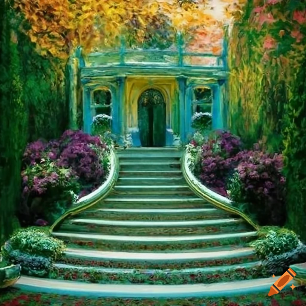 Victorian garden painting with curved stairs on Craiyon