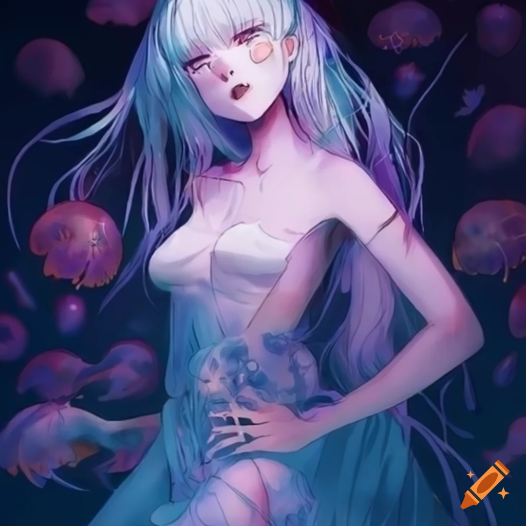 prompthunt: An anime key visual of a girl wearing a beautiful dress in the  shape of jellyfish and inspired by jellyfish, dark background, underwater,  emitting light, neon purple and pink colors, high