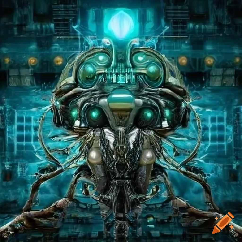 surreal artwork of alien machines and spaceships